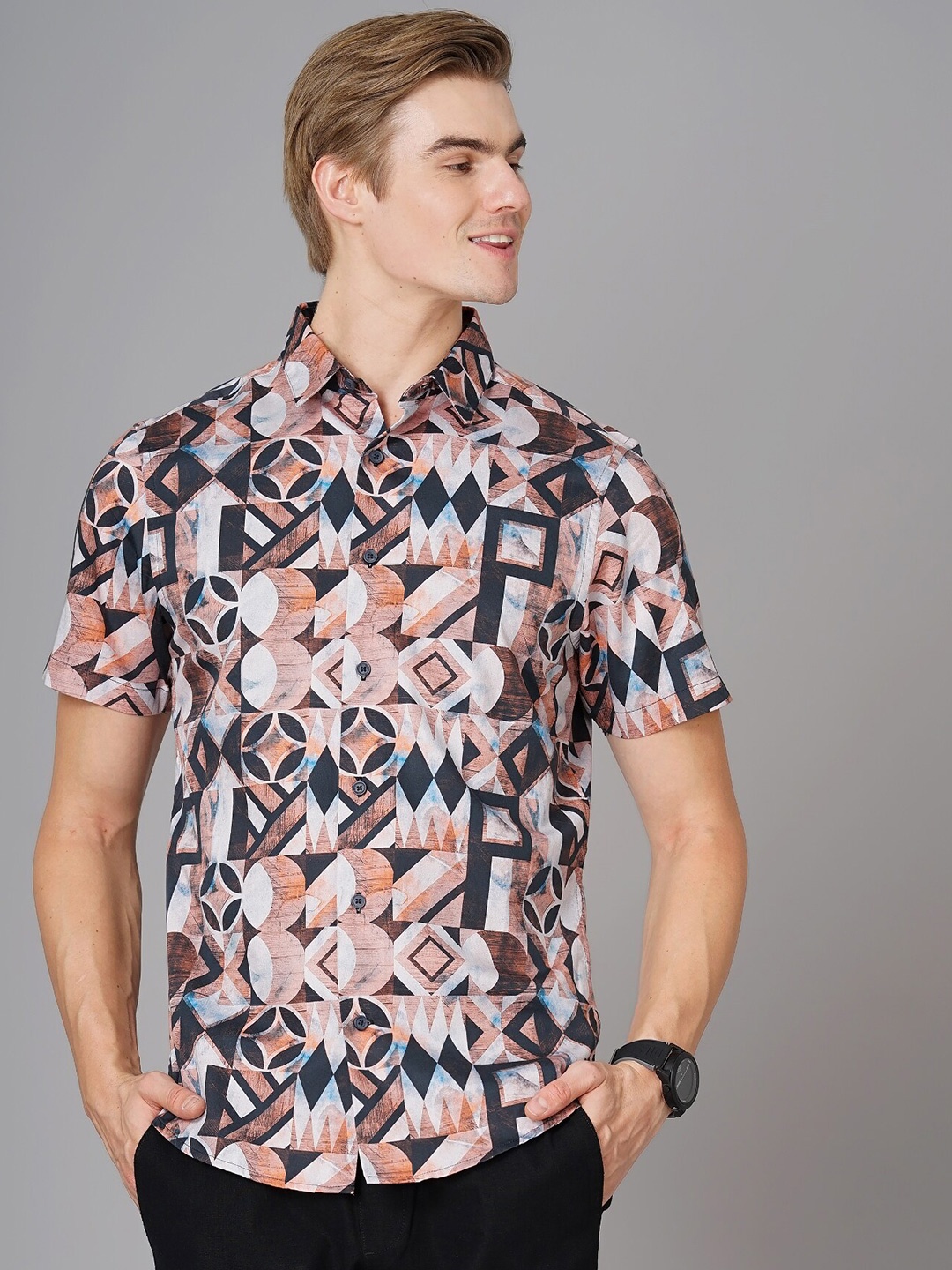 

British Club Smart Slim Fit Geometric Printed Casual Shirt, Brown