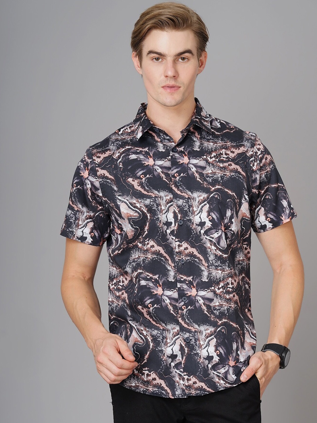 

British Club Smart Slim Fit Abstract Printed Casual Shirt, Black