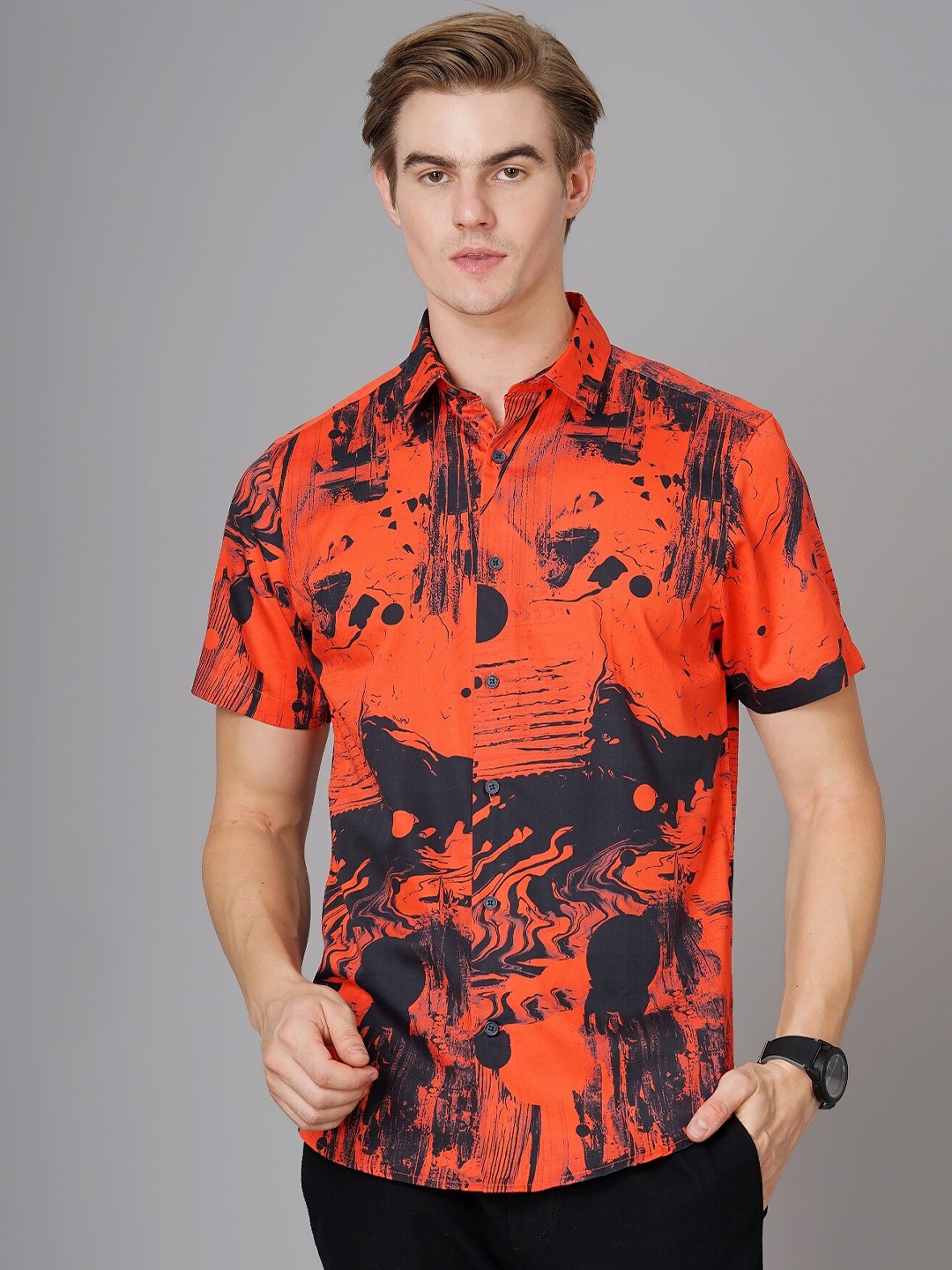 

British Club Smart Slim Fit Abstract Printed Casual Shirt, Red