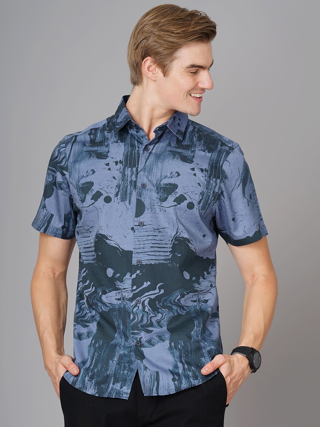

British Club Smart Slim Fit Abstract Printed Casual Shirt, Blue