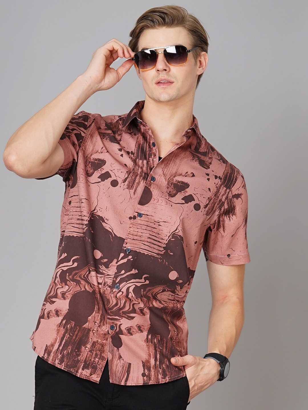 

British Club Smart Slim Fit Abstract Printed Casual Shirt, Brown