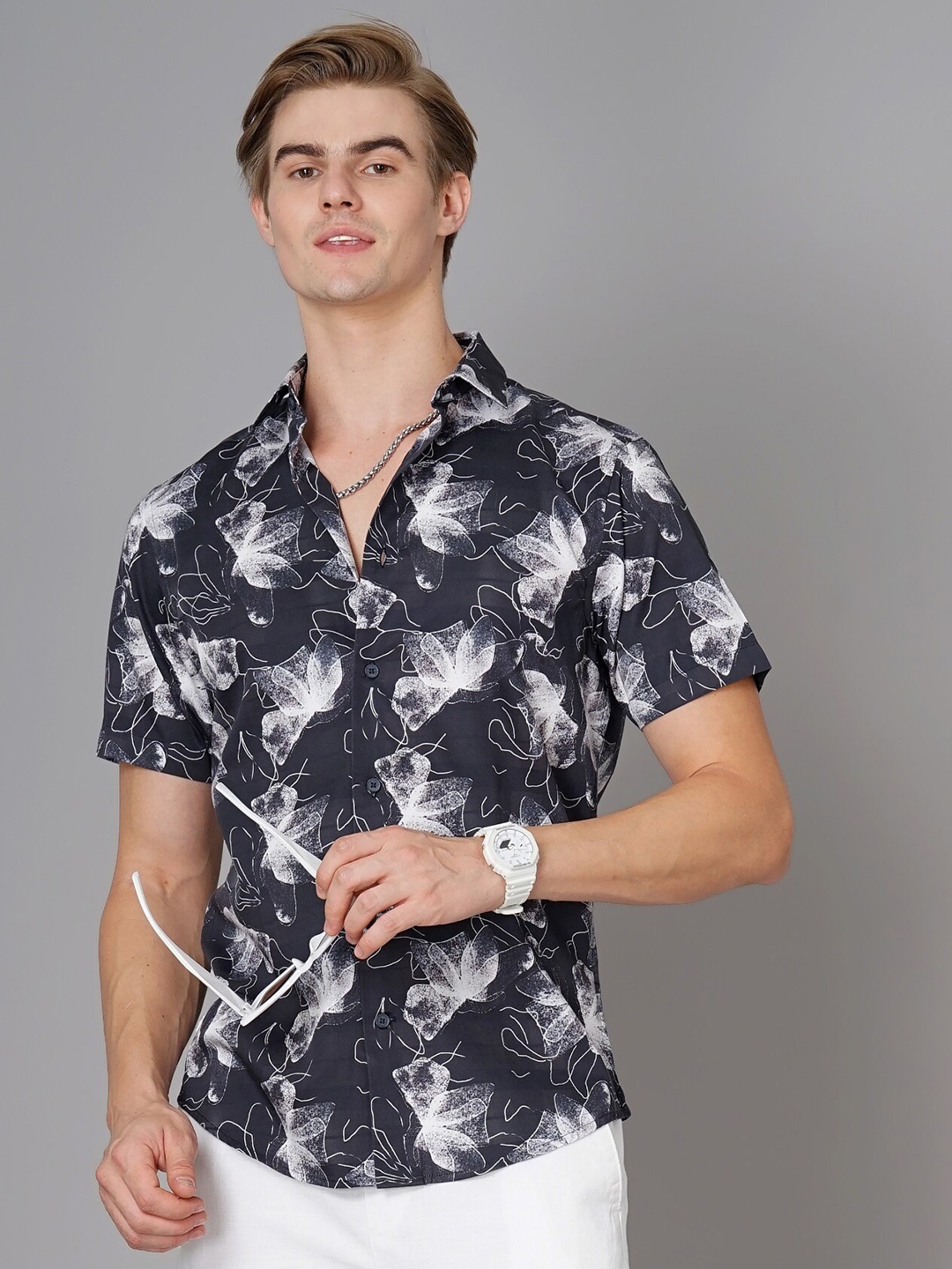 

British Club Smart Slim Fit Abstract Printed Casual Shirt, Black