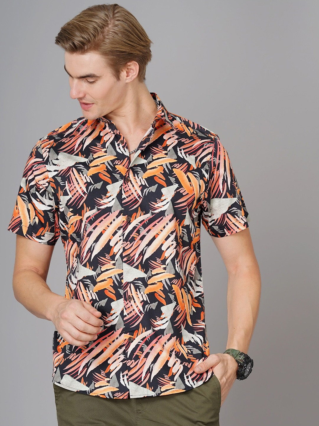 

British Club Smart Slim Fit Abstract Printed Cotton Casual Shirt, Orange