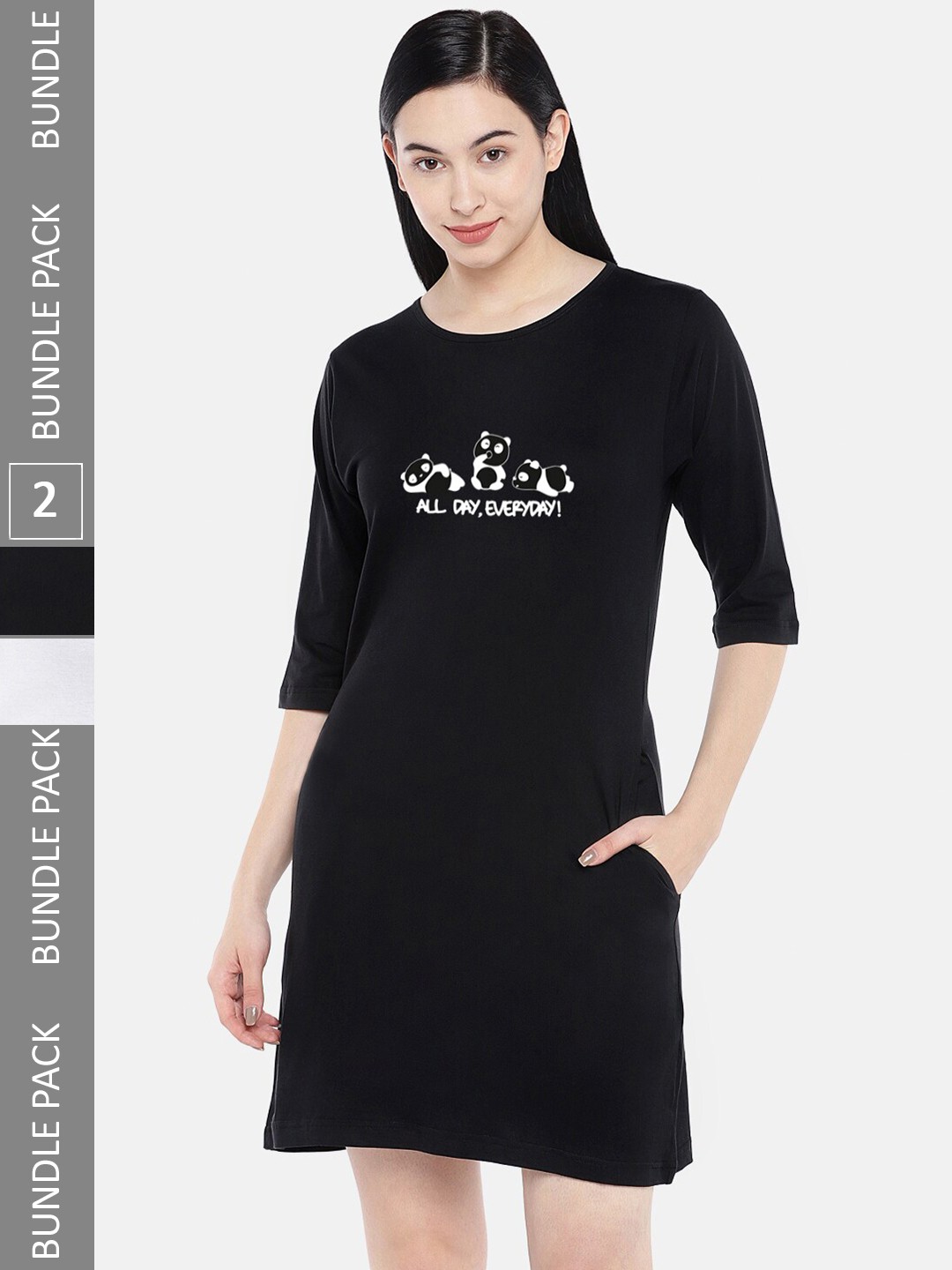 

STATUS MANTRA Pack Of 2 Printed Pure Cotton T-shirt Dress, Black