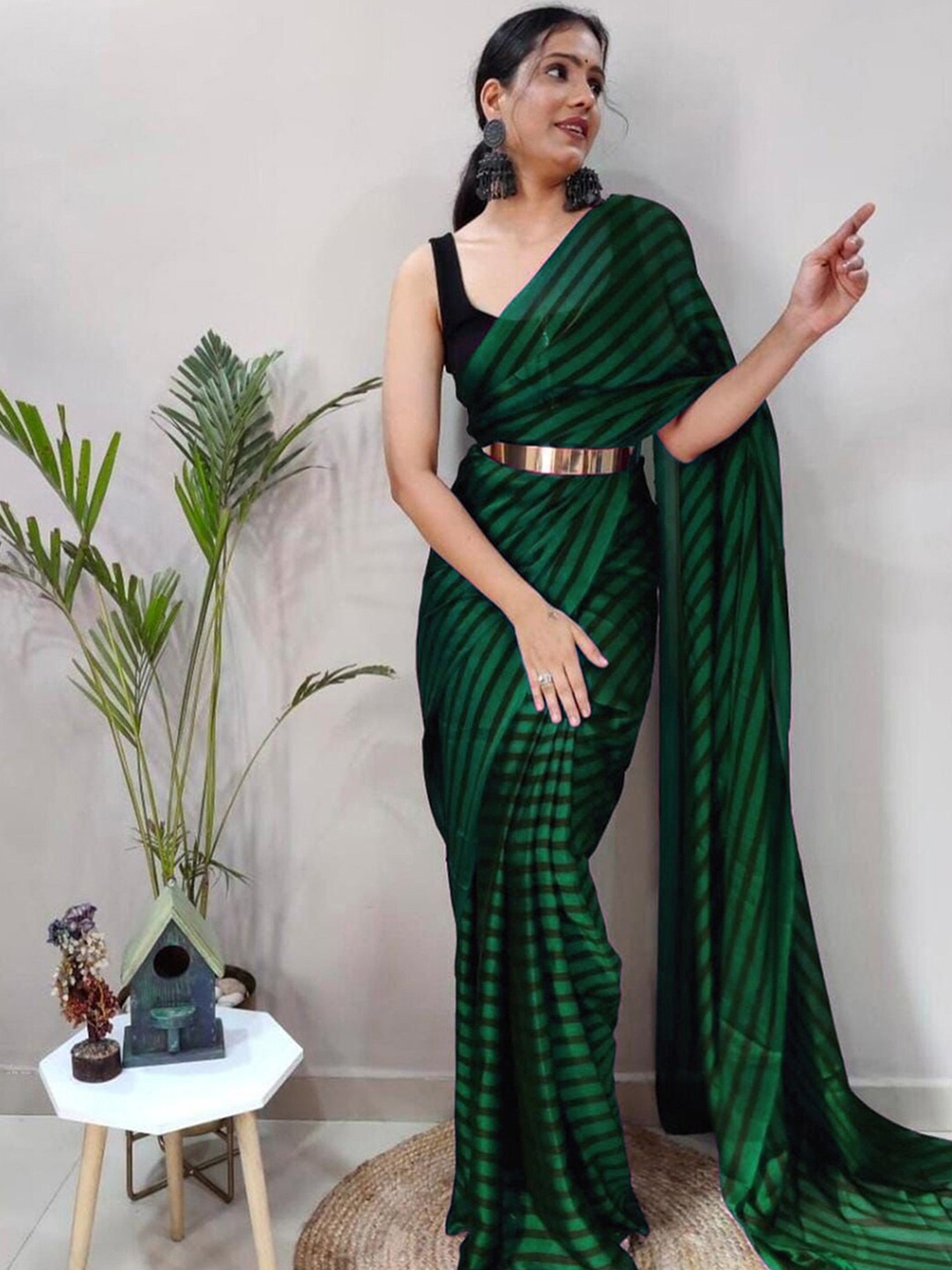

Mitera Green & Black Striped Poly Georgette Saree