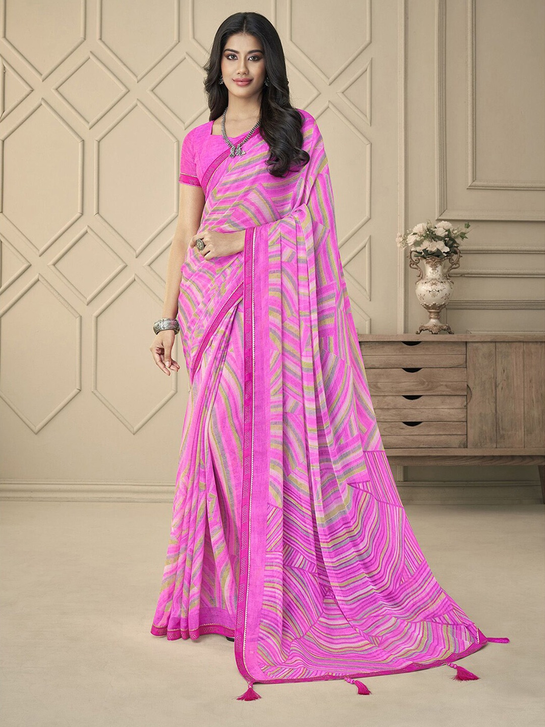 

Mitera Pink Geometric Printed Poly Chiffon Saree