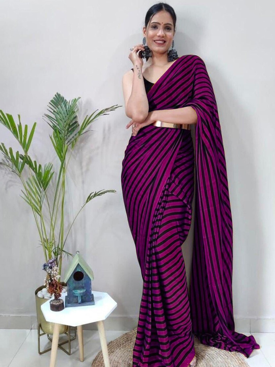 

Mitera Purple & Black Striped Poly Georgette Saree