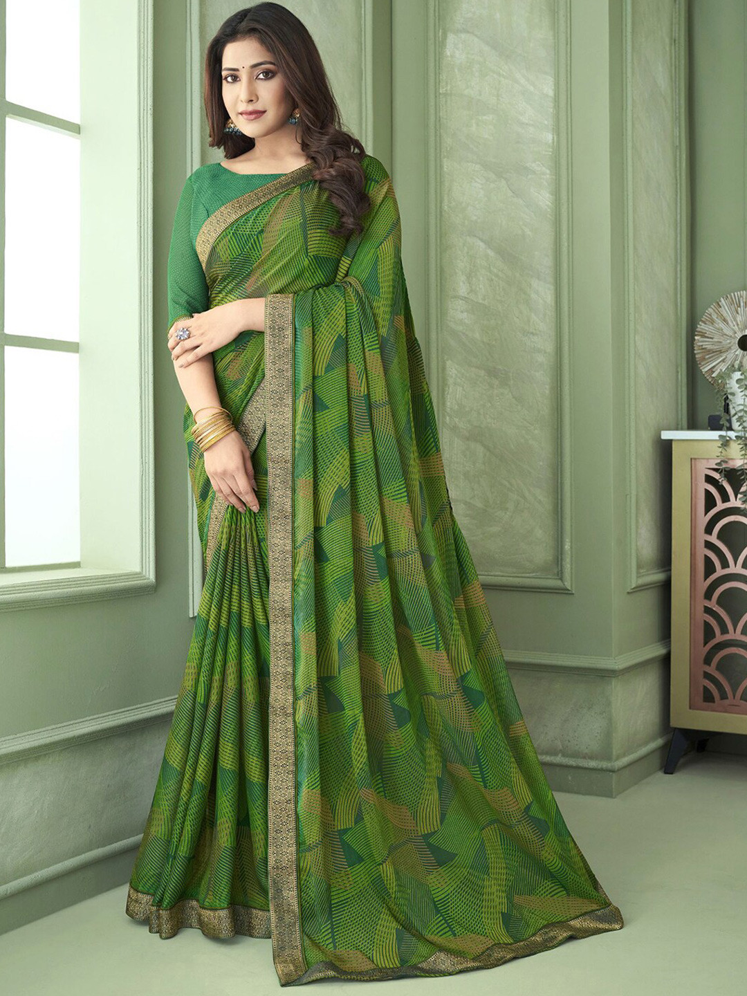 

Mitera Green & Beige Abstract Printed Saree