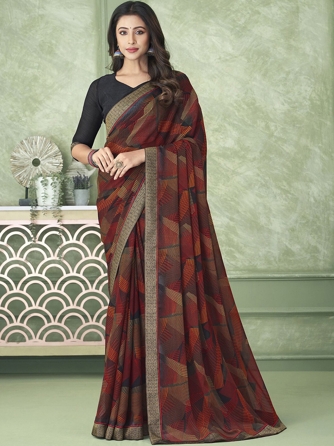 

Mitera Red & Blue Abstract Printed Saree
