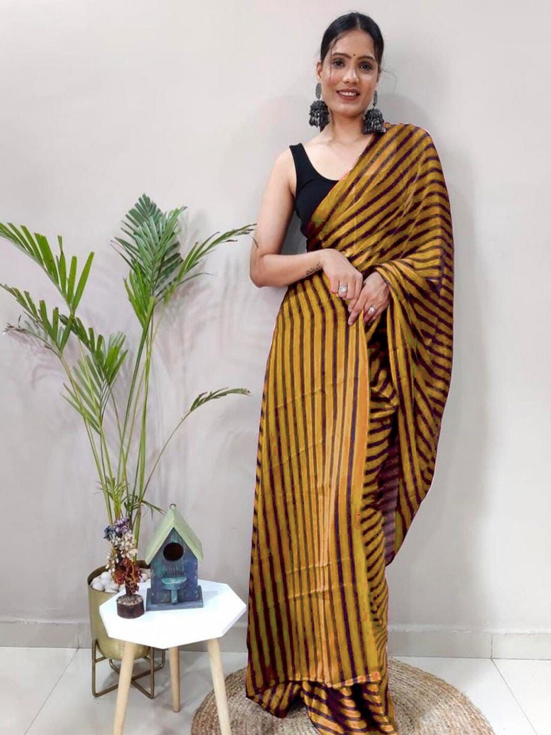 

Mitera Mustard Yellow & Black Striped Poly Georgette Saree
