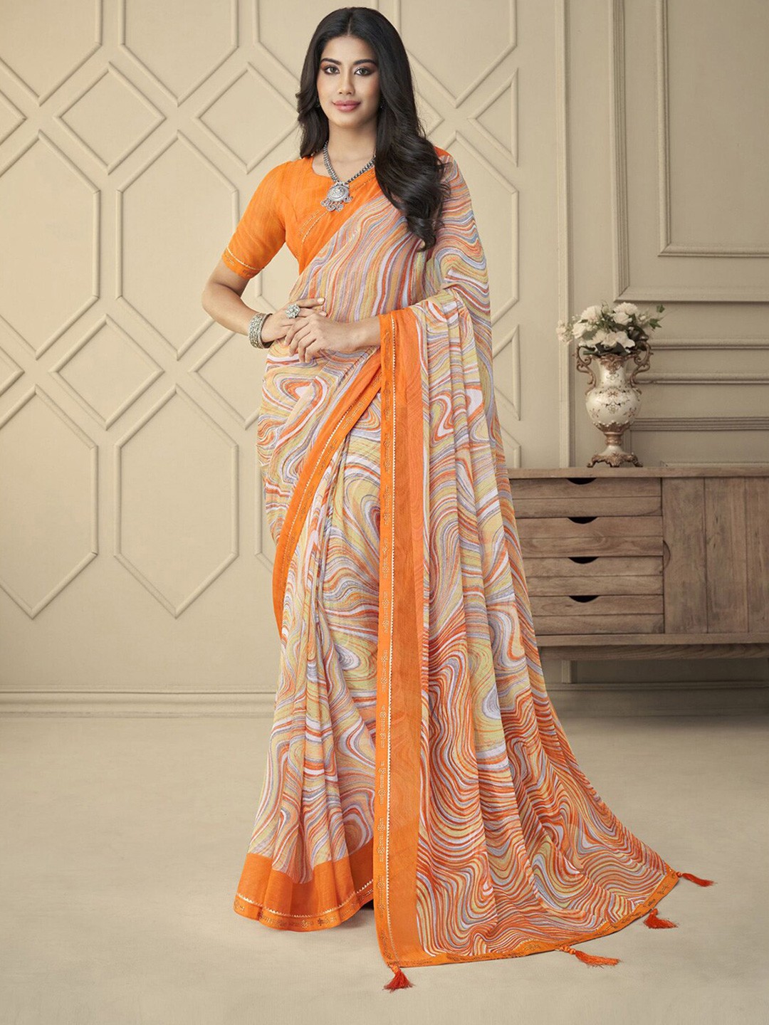 

Mitera Orange & White Abstract Printed Beads & Stones Saree