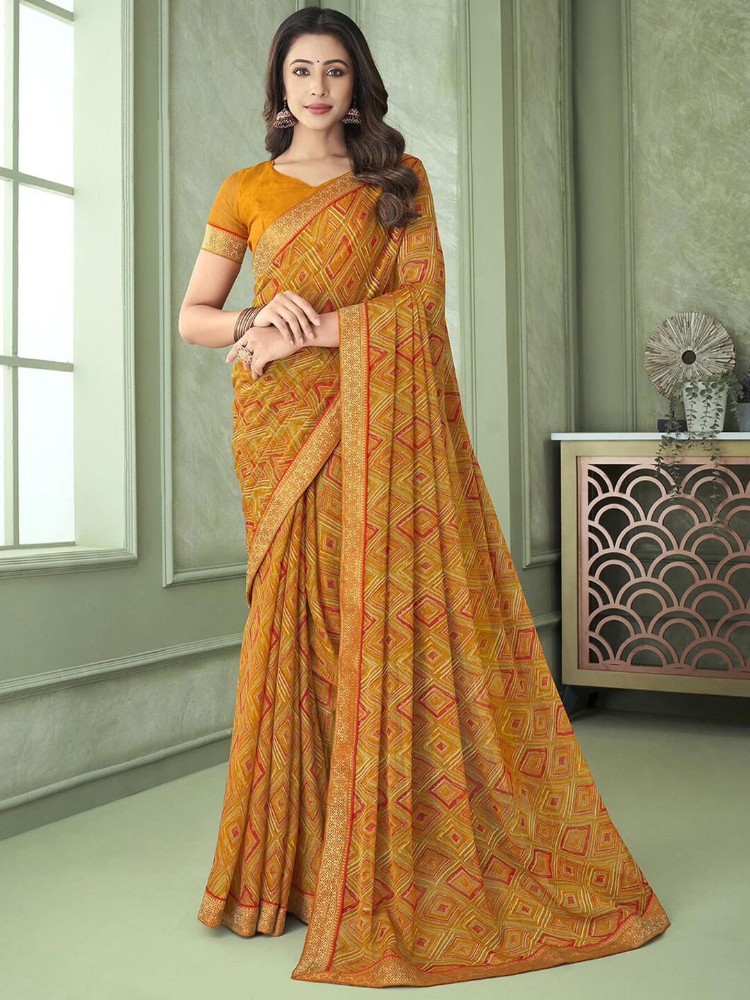 

Mitera Mustard & Red Geometric Printed Saree