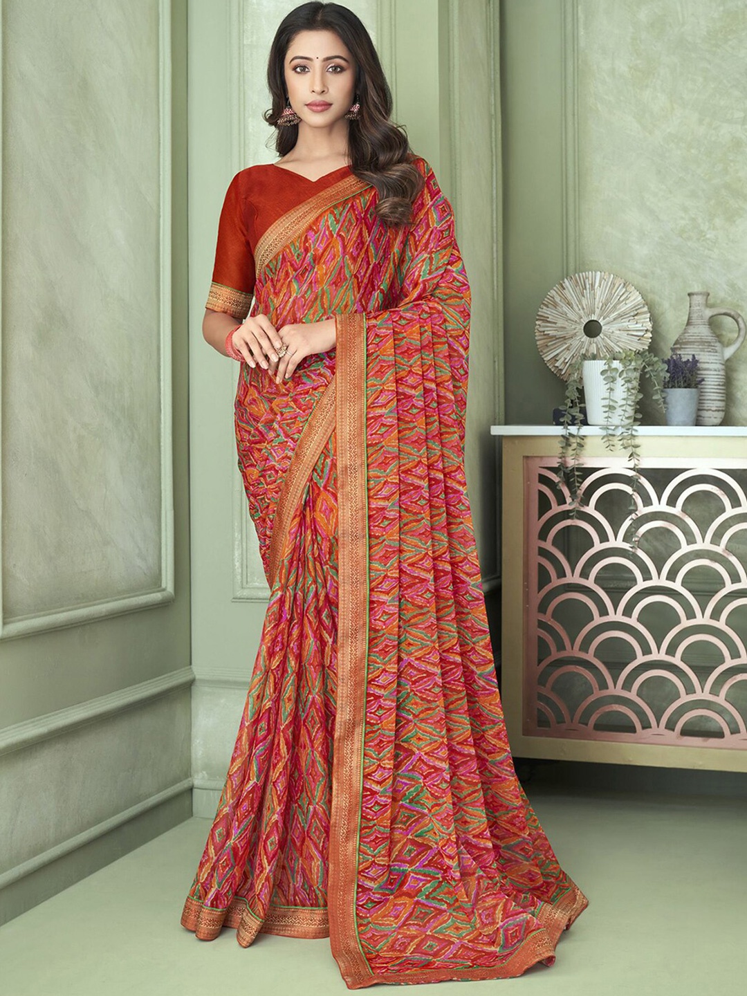 

Mitera Orange & Green Geometric Printed Saree