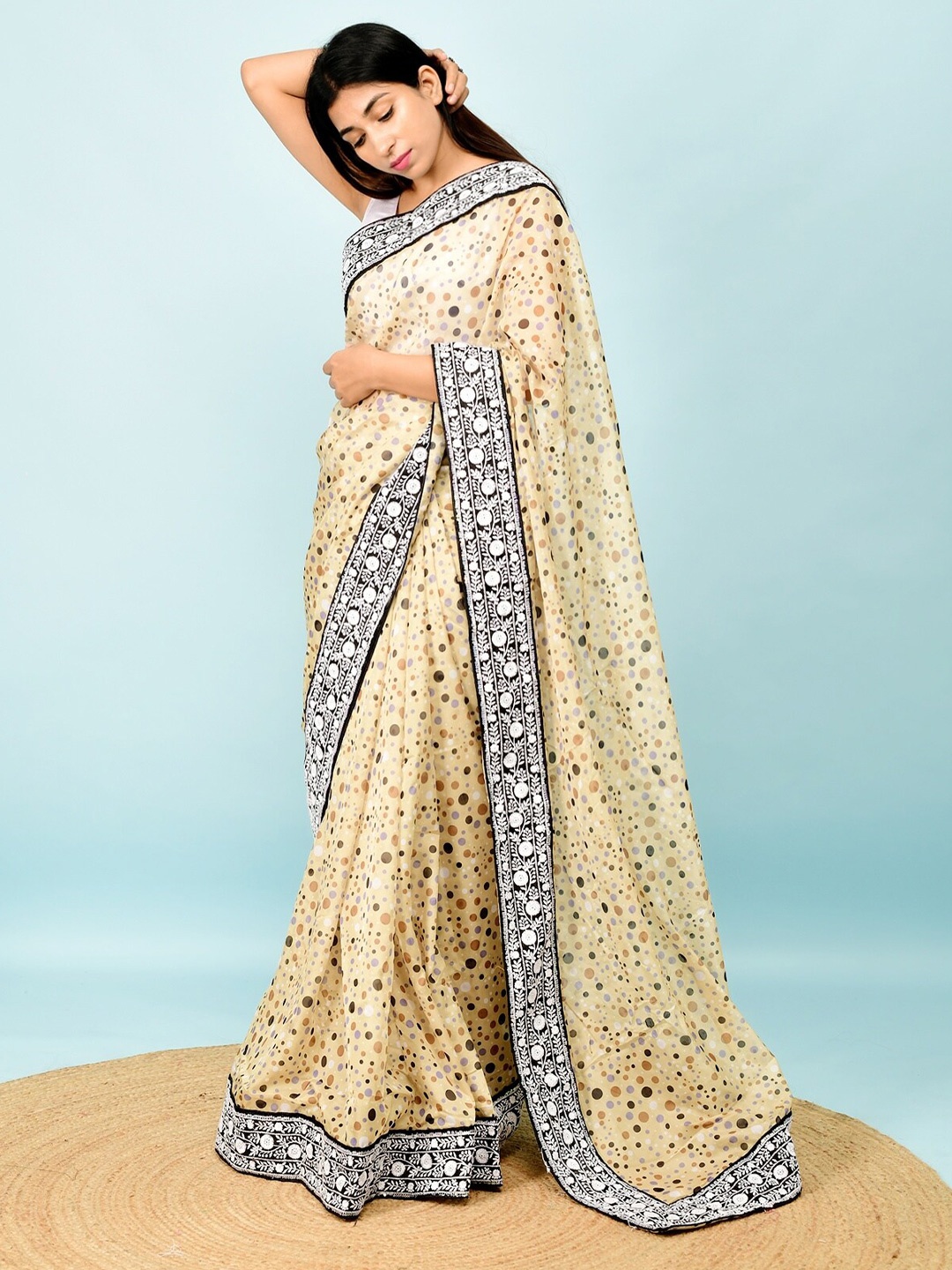 

all about you Beige & Black Polka Dot Printed Embroidered Saree