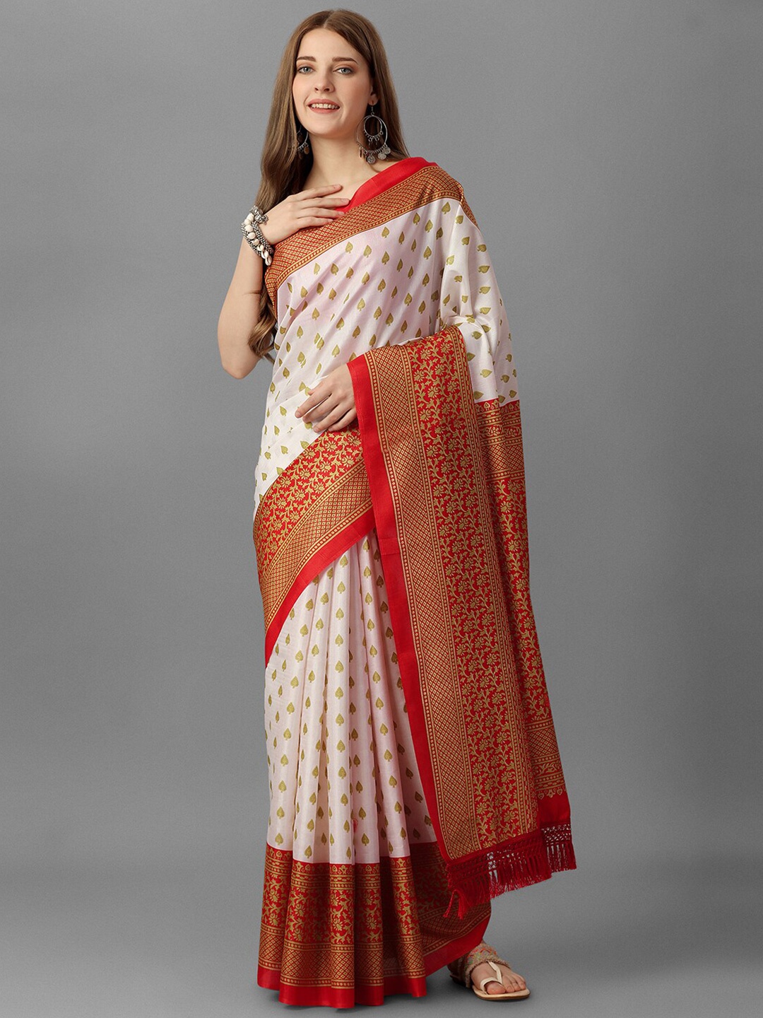

GORGONE Ethnic Motifs Silk Blend Saree, White