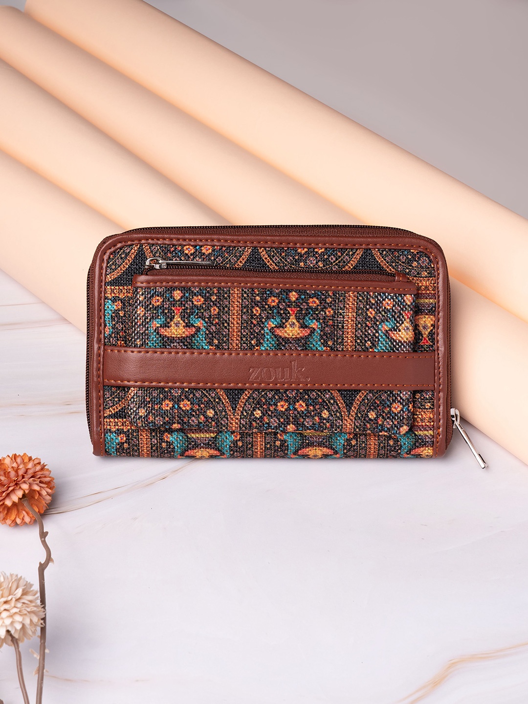 

ZOUK Women Ethnic Motifs Printed Zip Around Wallet, Brown