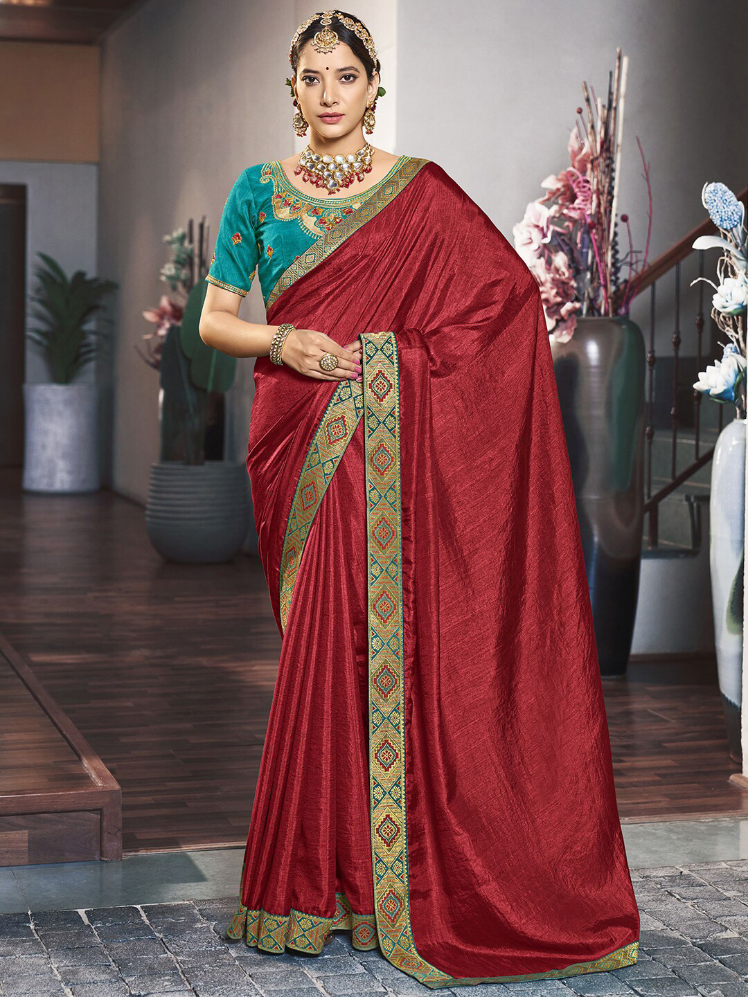 

KALINI Zari Silk Blend Saree, Red