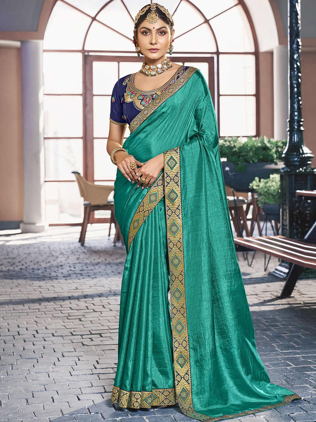 

KALINI Woven Design Border Saree, Turquoise blue
