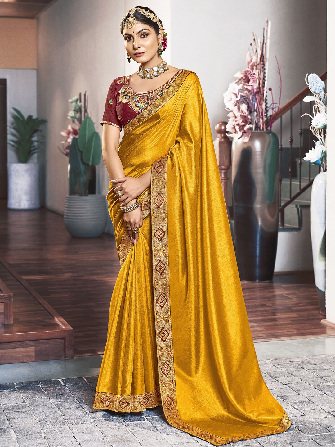 

KALINI Woven Design Border Saree, Yellow