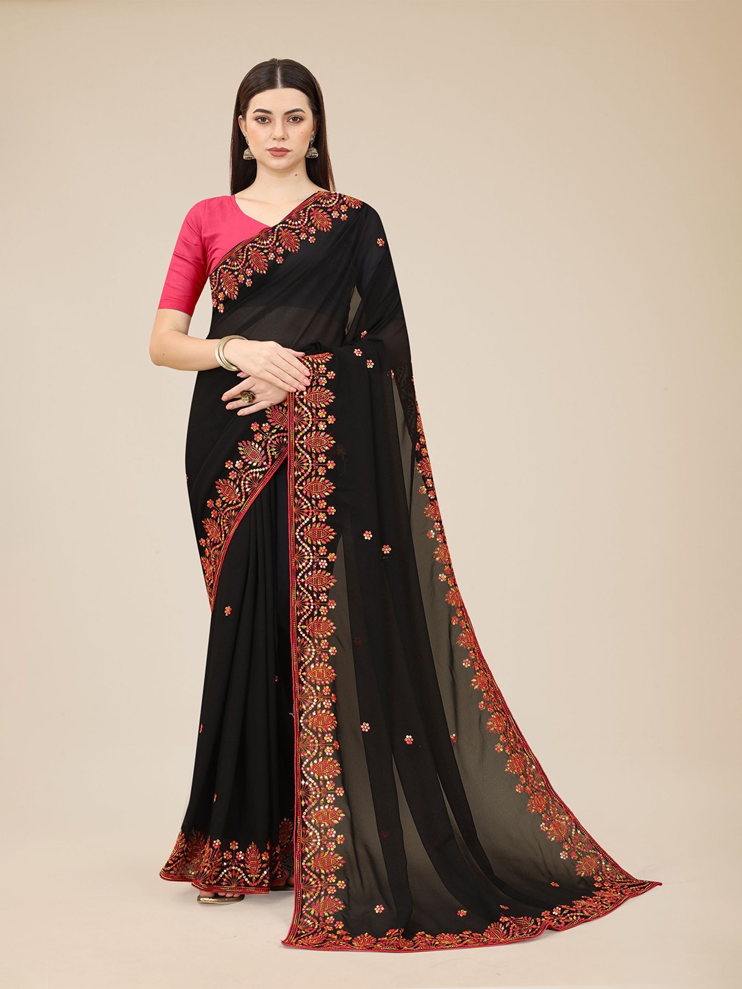 

HERE&NOW Black & Pink Ethnic Motifs Embroidered Poly Georgette Saree