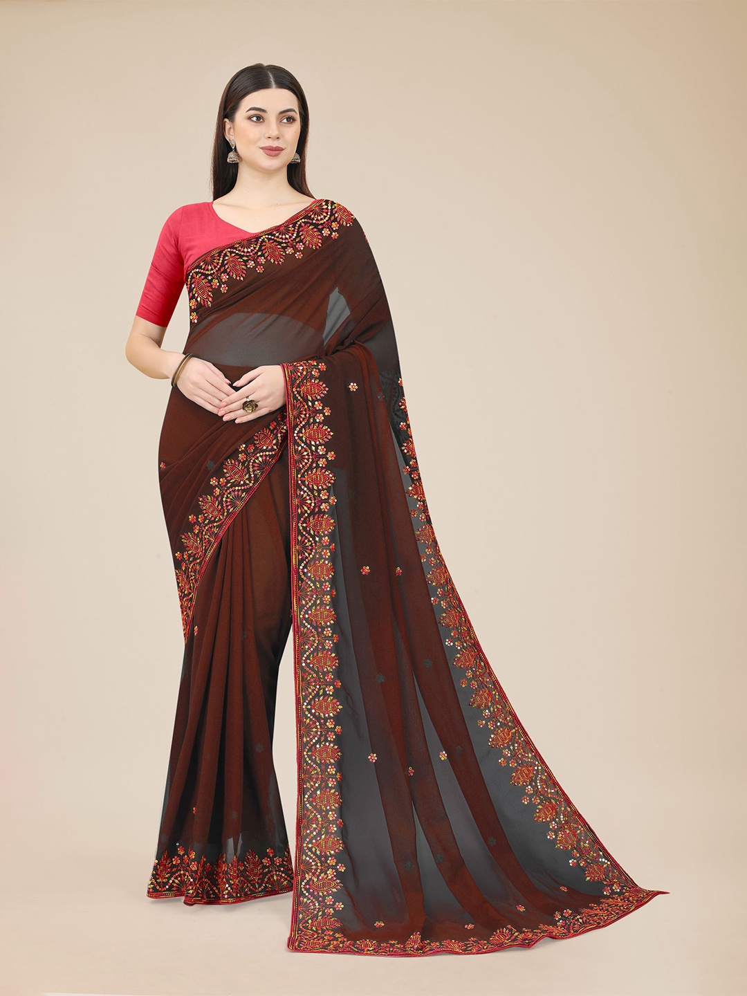 

HERE&NOW Camel Brown & Red Floral Embroidered Poly Georgette Saree