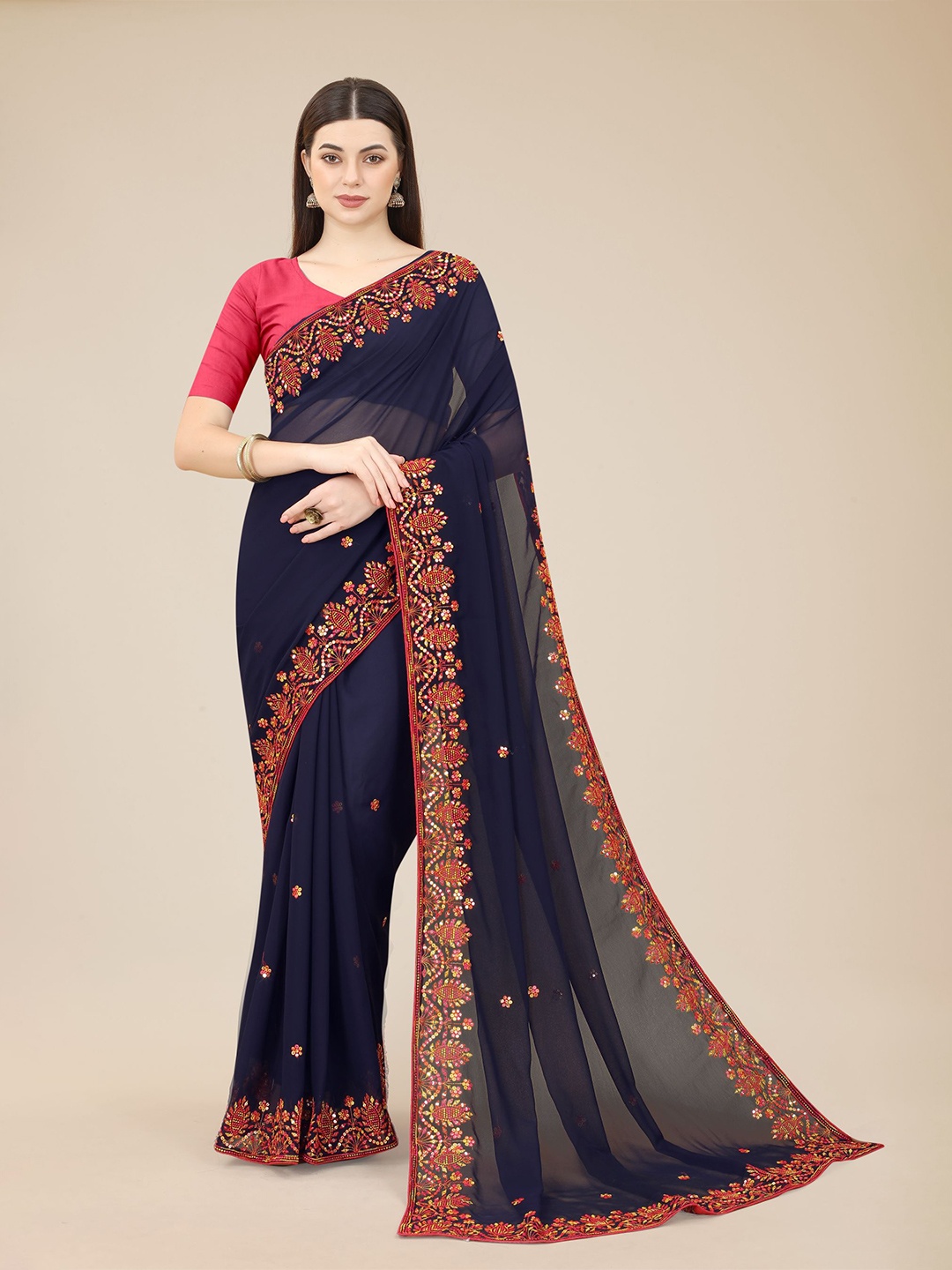 

HERE&NOW Navy Blue & Red Ethnic Motifs Embroidered Poly Georgette Saree