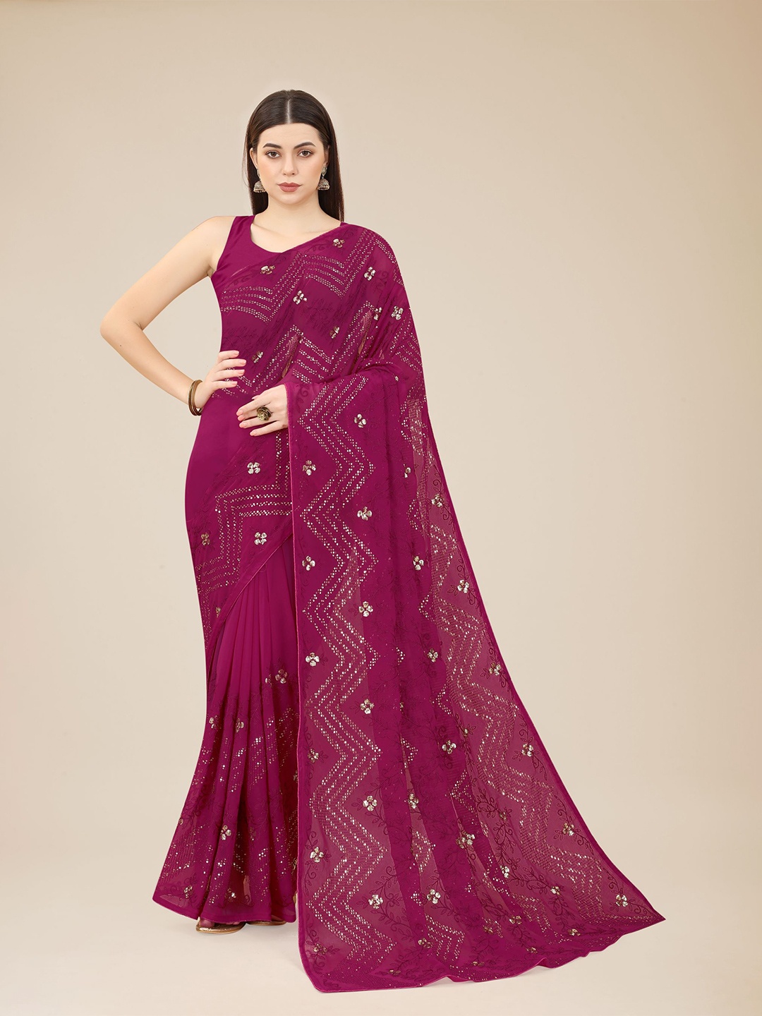 

HERE&NOW Purple & Gold-Toned Embellished Sequinned Poly Georgette Saree