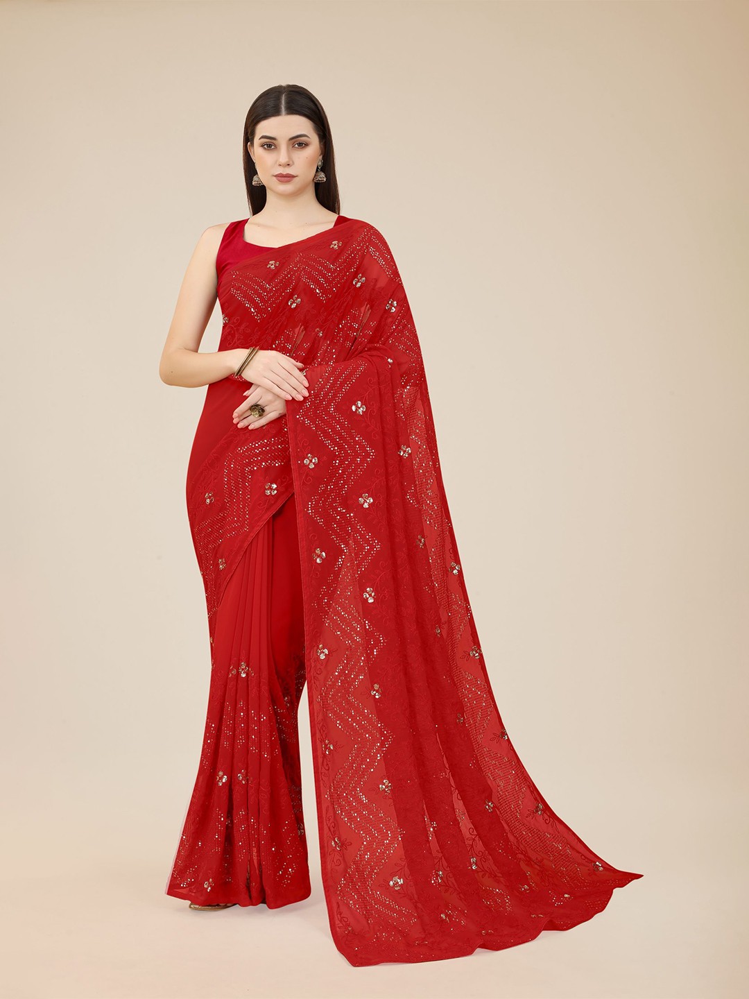 

HERE&NOW Red & Gold-Toned Embellished Sequinned Poly Georgette Saree