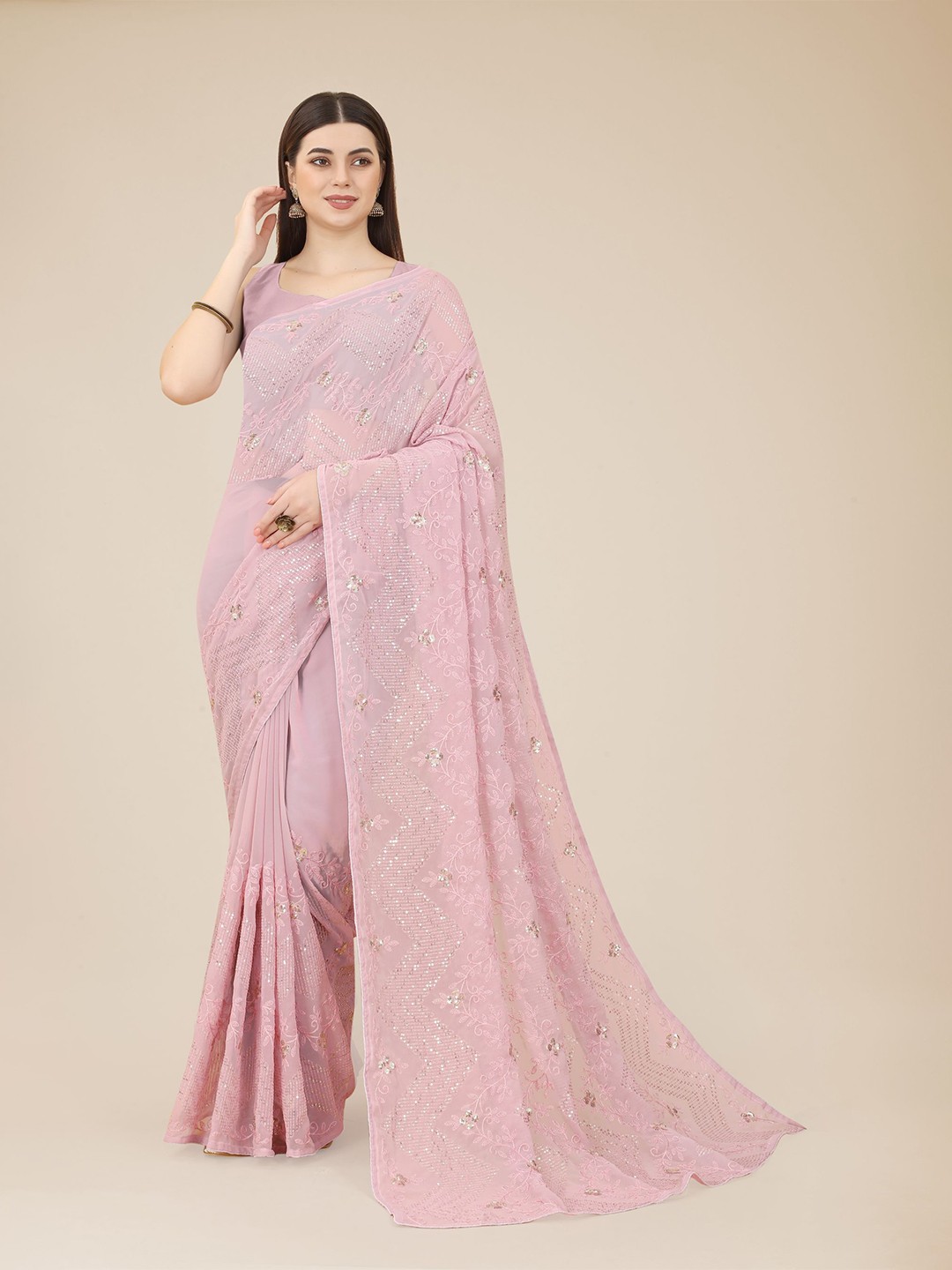 

HERE&NOW Pink & Gold-Toned Embellished Sequinned Poly Georgette Saree