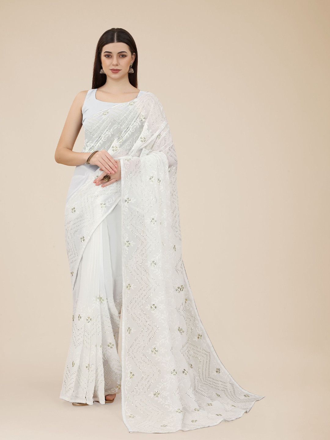 

HERE&NOW White & Gold-Toned Embellished Sequinned Poly Georgette Saree