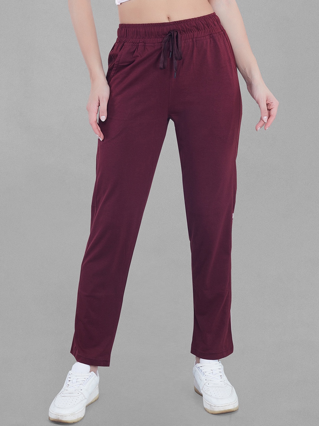 

CUPID Women Mid-Rise Straight Fit Cotton Track Pants, Burgundy