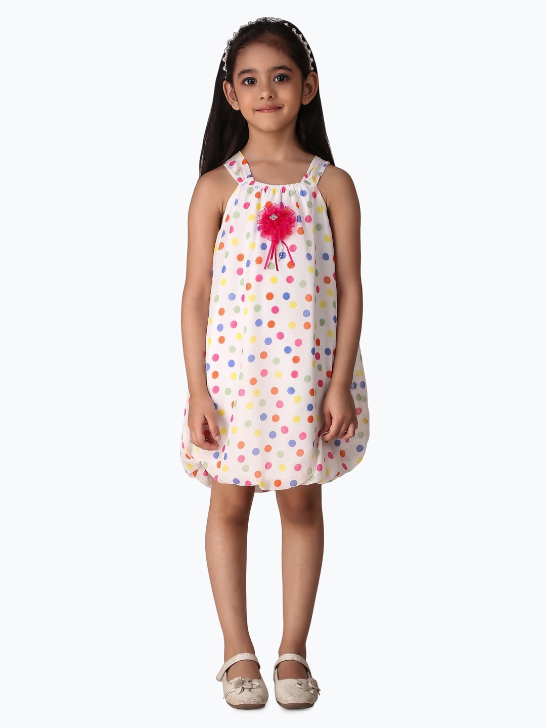 

Creative Kids Girls Polka Dots Printed A-Line Dress, White