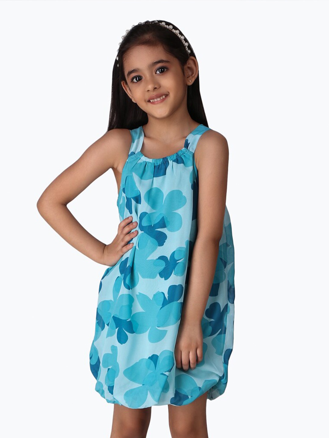 

Creative Kids Girls Floral Printed Sleeveless Balloon Dress, Blue