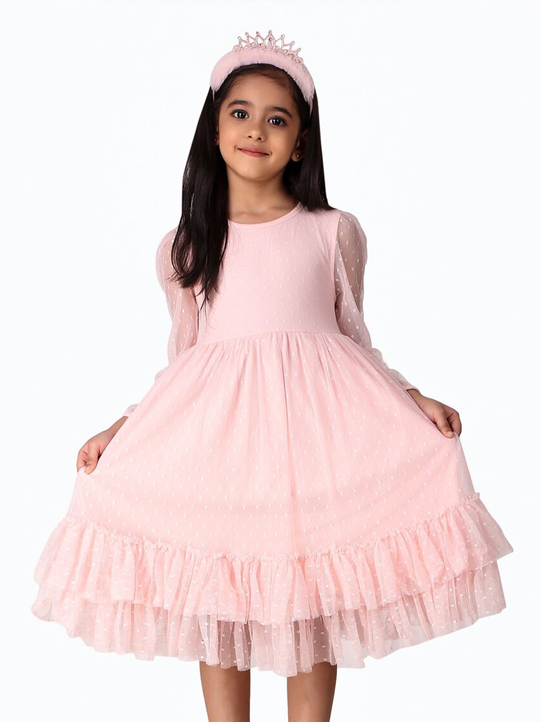 

Creative Kids Girls Solid Self Designed Ruffles Dobby Fit & Flare Dress, Pink
