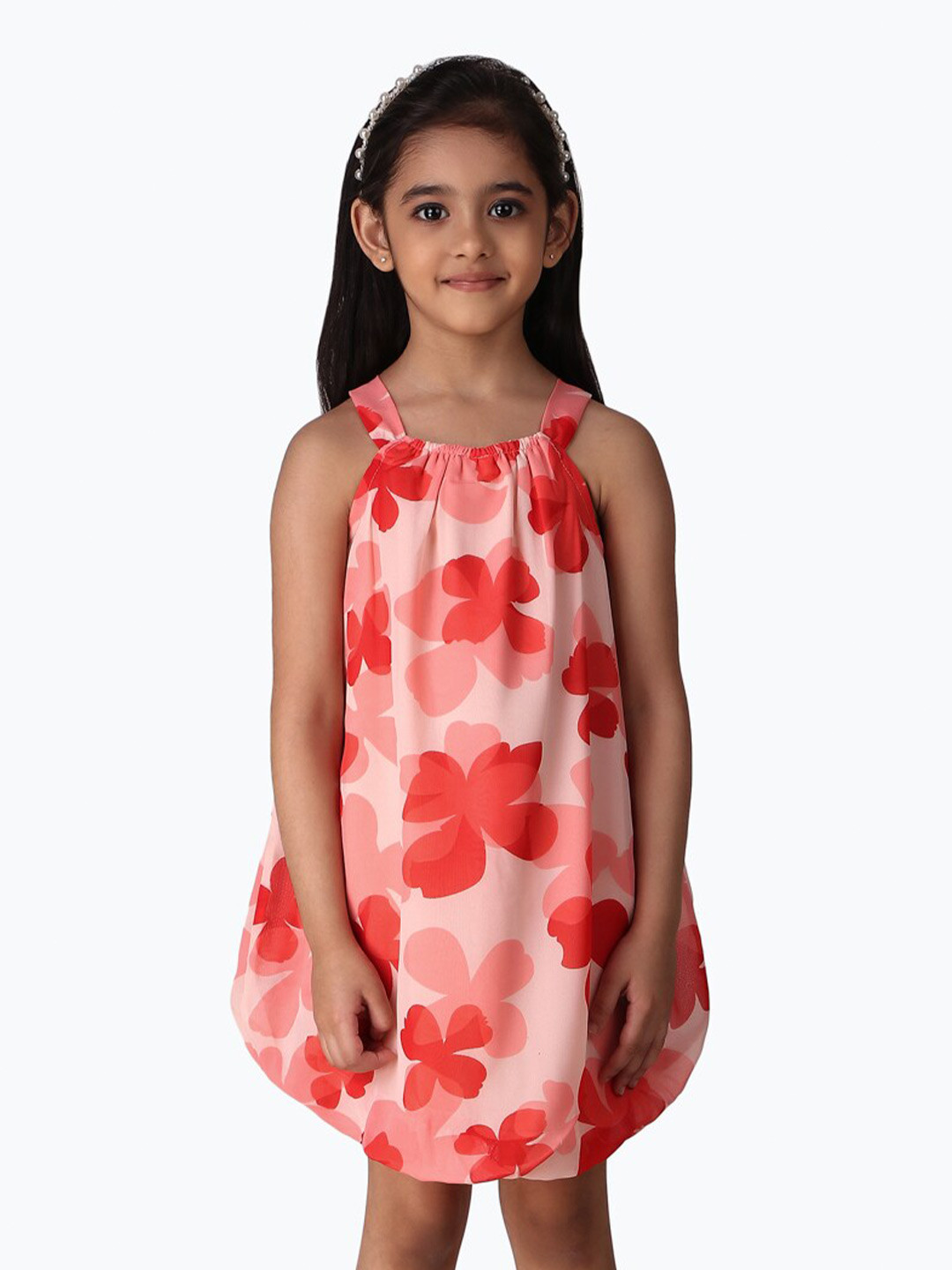 

Creative Kids Girls Floral Printed Shoulder Strap Gathered Detailed A-Line Dress, Pink