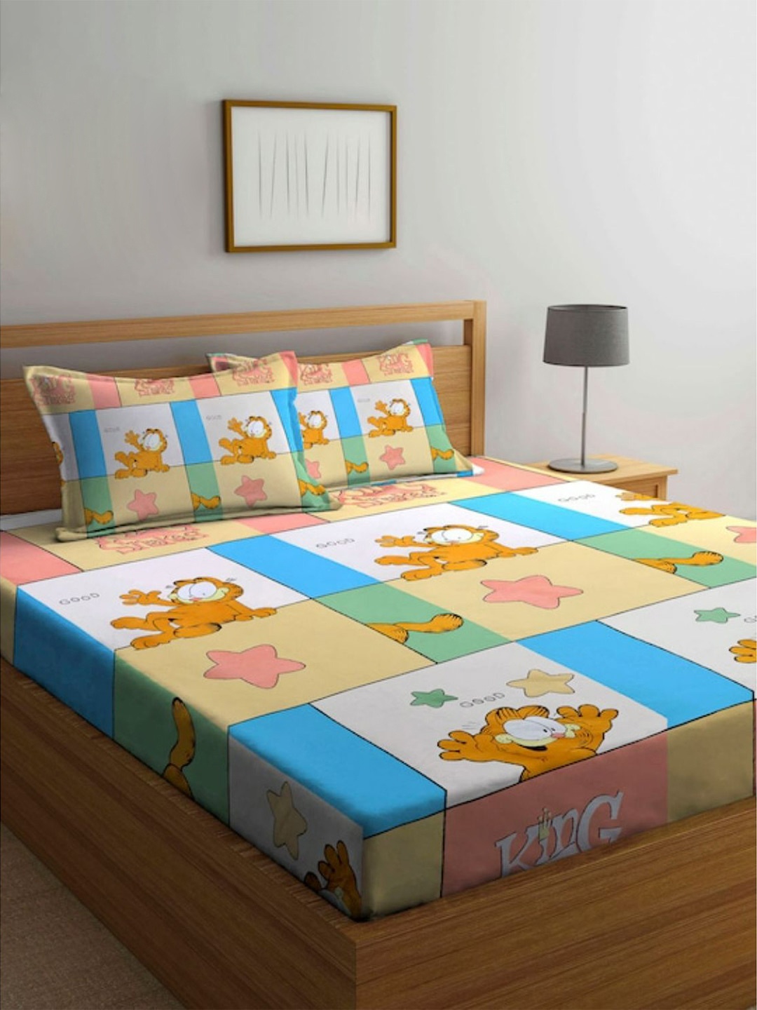 

Bajo's White & Blue Cartoon Characters Cotton 250 TC King Bedsheet With 2 Pillow Covers