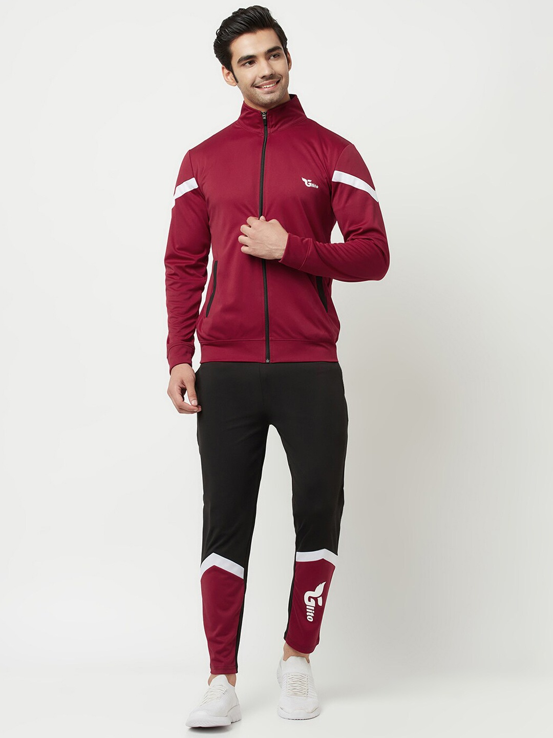 

GLITO Striped Men Mock Collar Sports Tracksuit, Maroon