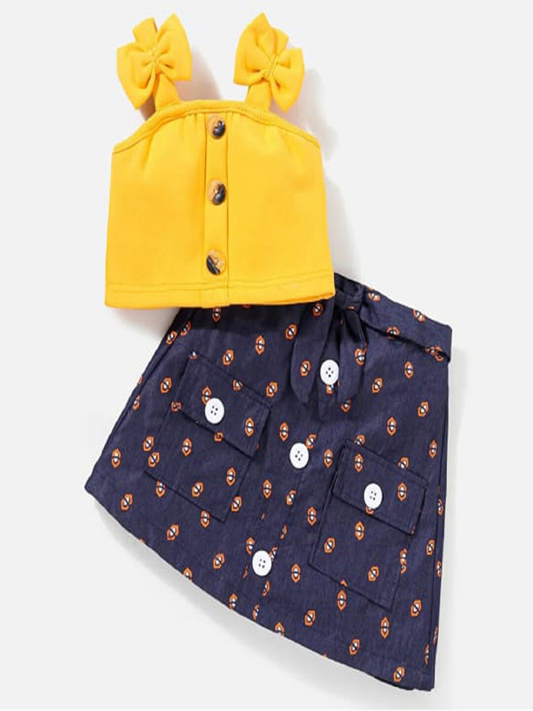 

M'andy Girls Printed Pure Cotton Top with Skirt, Yellow