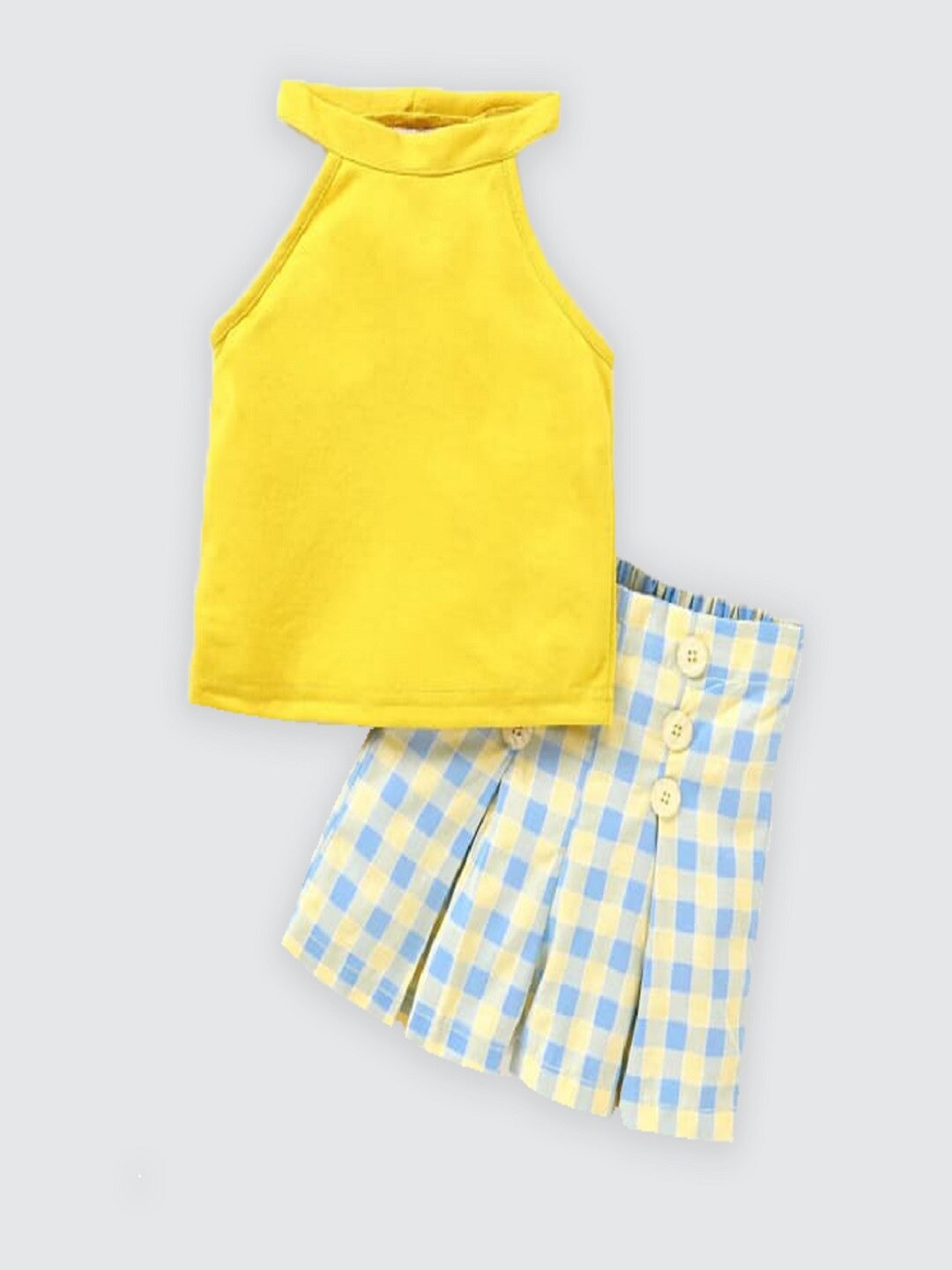 

M'andy Girls Checked Pure Cotton Top With Shorts, Yellow