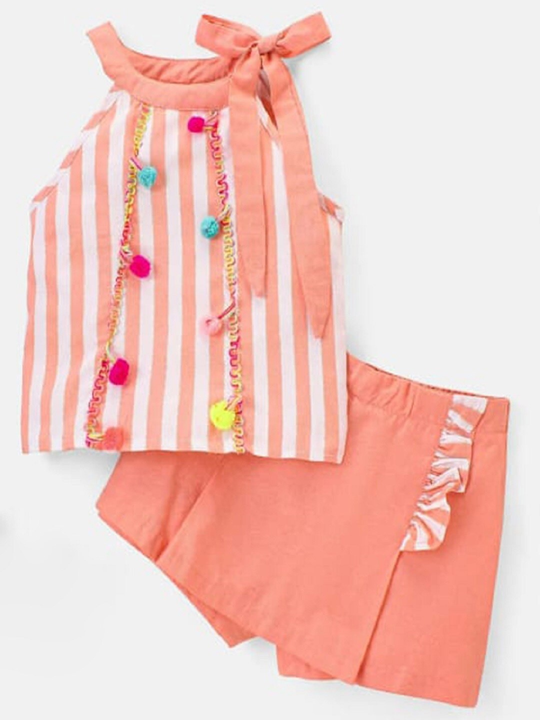 

M'andy Girls Striped Pure Cotton Top with Shorts, Peach