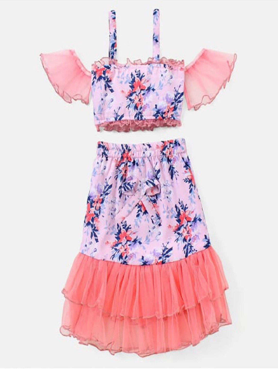 

M'andy Girls Floral Printed Pure Cotton Top With Skirt, Peach