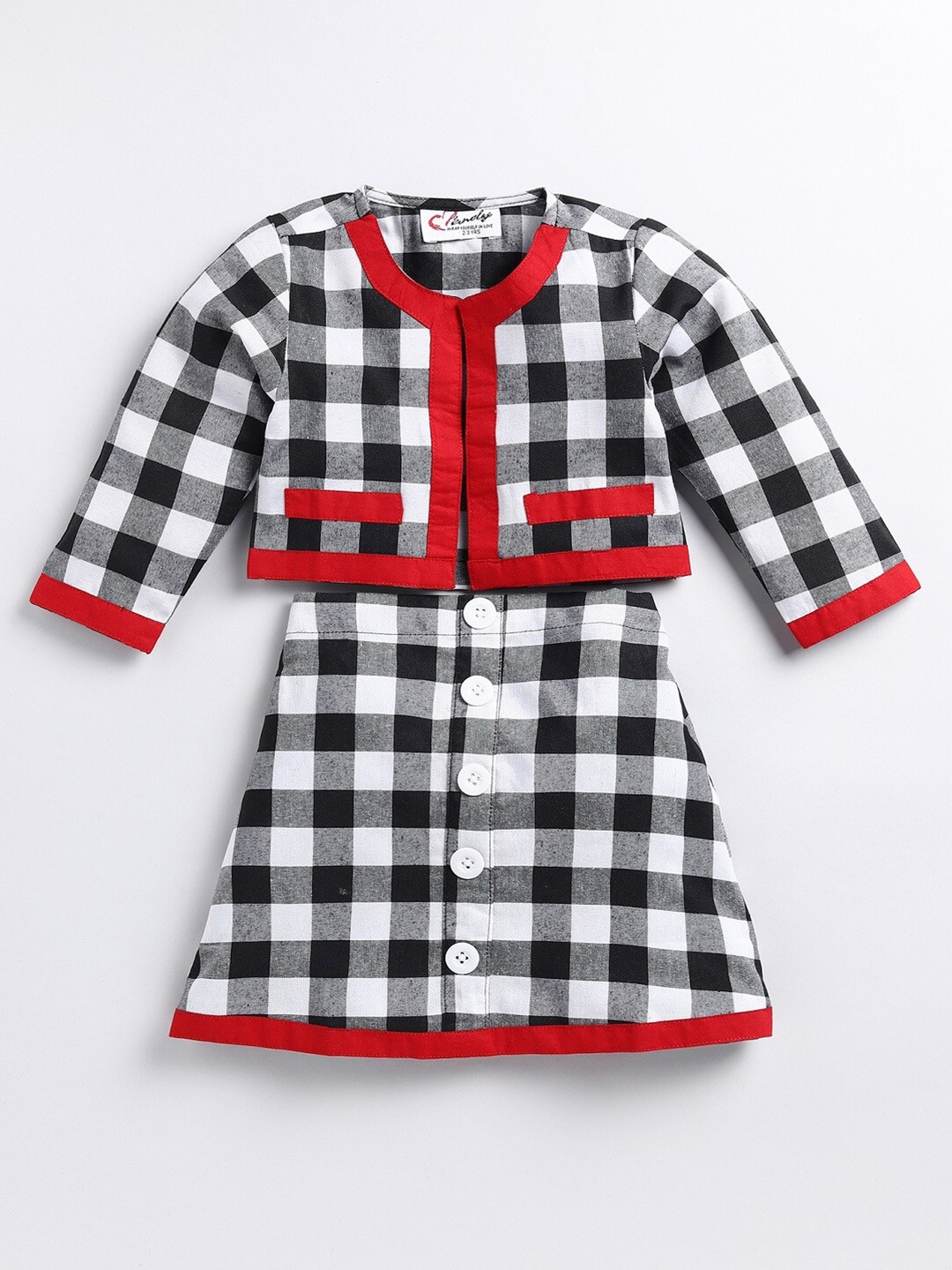 

M'andy Girls Checked Pure Cotton Top with Skirt, Black