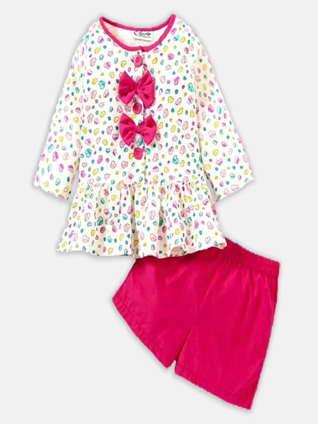 

M'andy Girls Printed Pure Cotton Top with Shorts, Off white