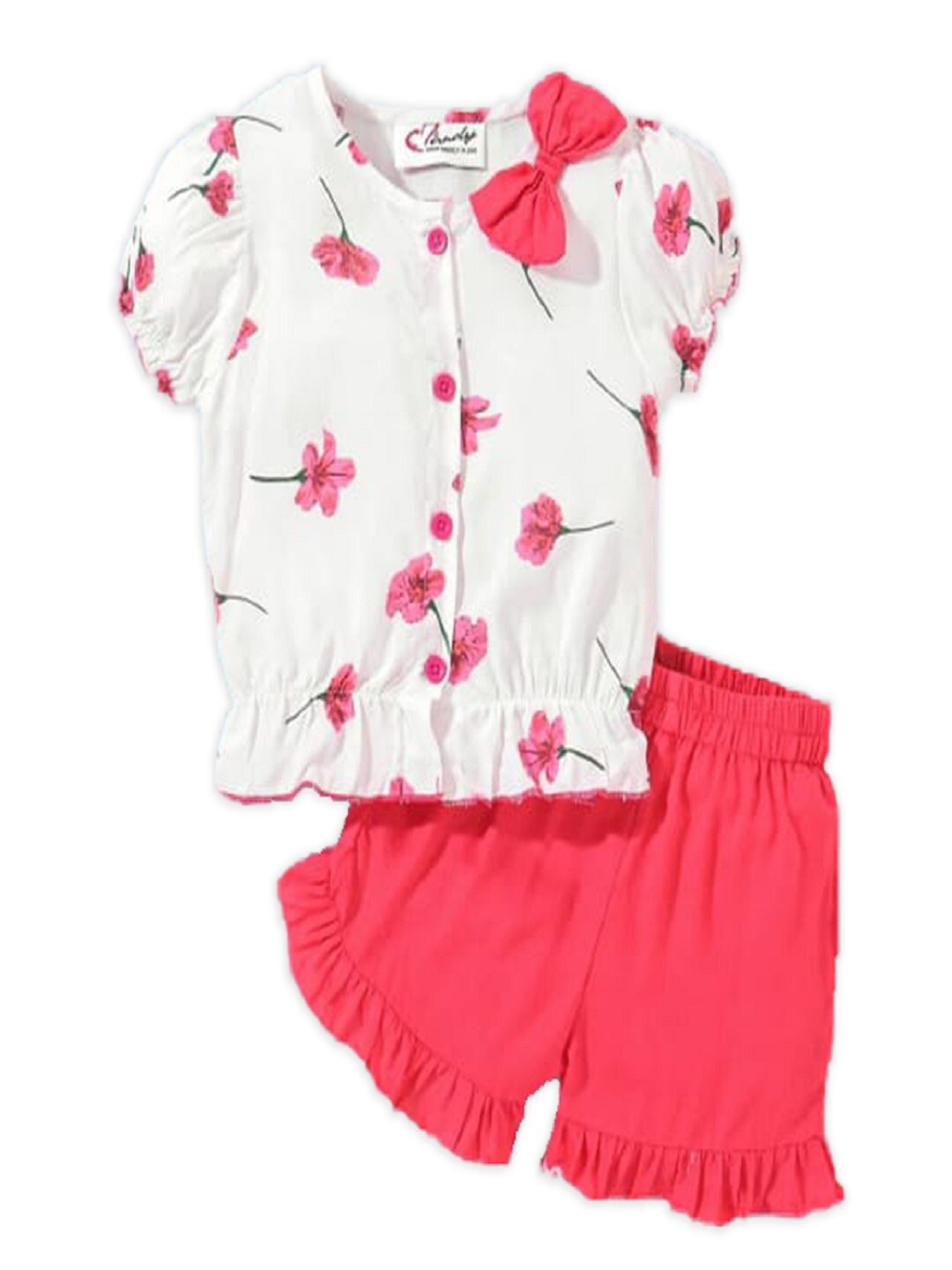 

M'andy Girls Printed Pure Cotton Top with Shorts, White