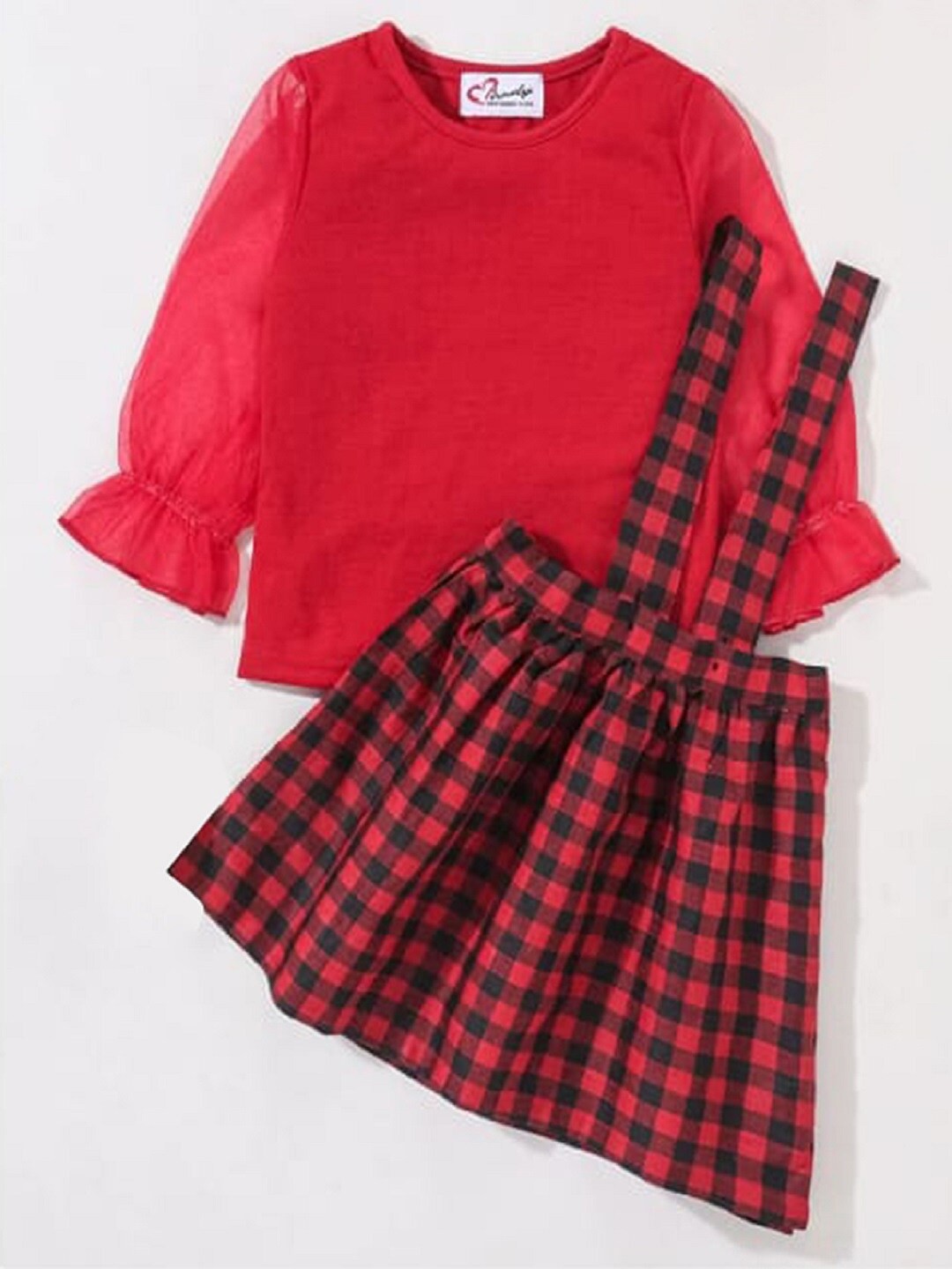 

M'andy Girls Checked Pure Cotton Top With Skirt, Red