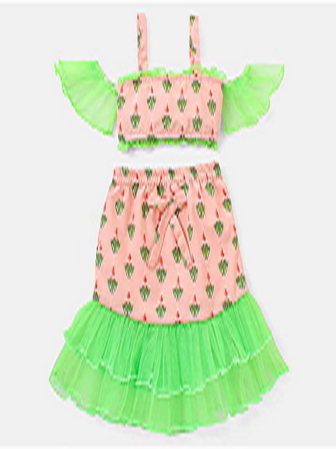 

M'andy Girls Printed Pure Cotton Top with Skirt, Peach