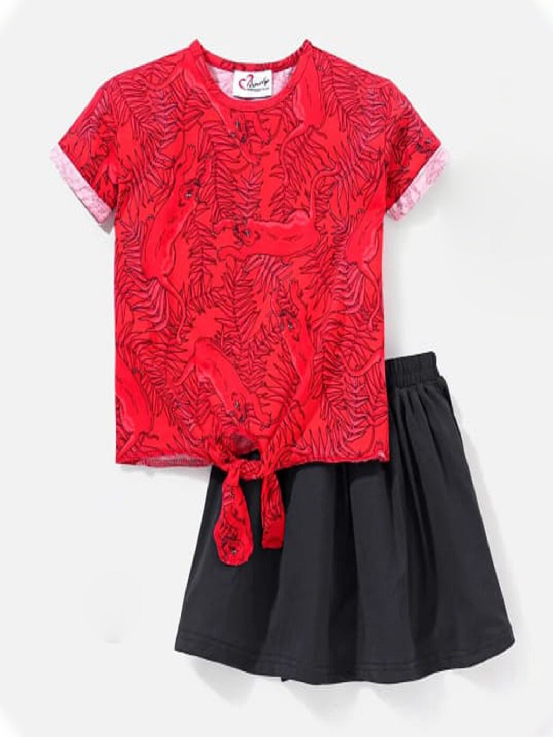 

M'andy Girls Printed Pure Cotton Top with Skirt, Red