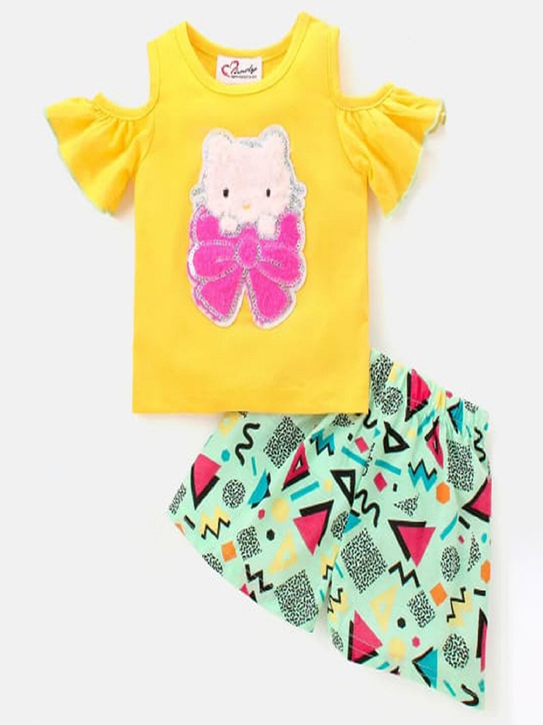 

M'andy Girls Printed Pure Cotton Top with Shorts, Yellow
