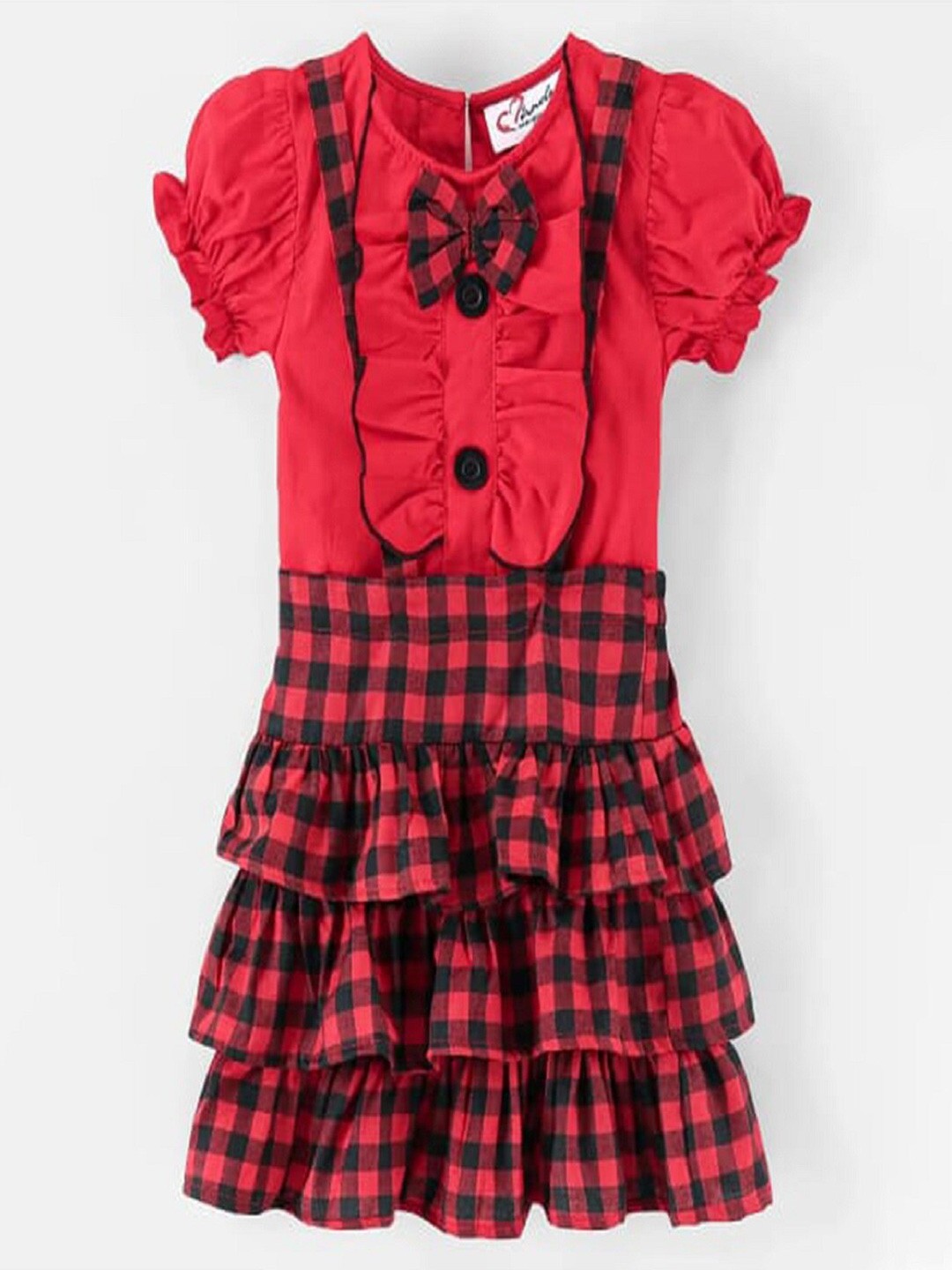

M'andy Girls Checked Pure Cotton Top with Skirt, Red