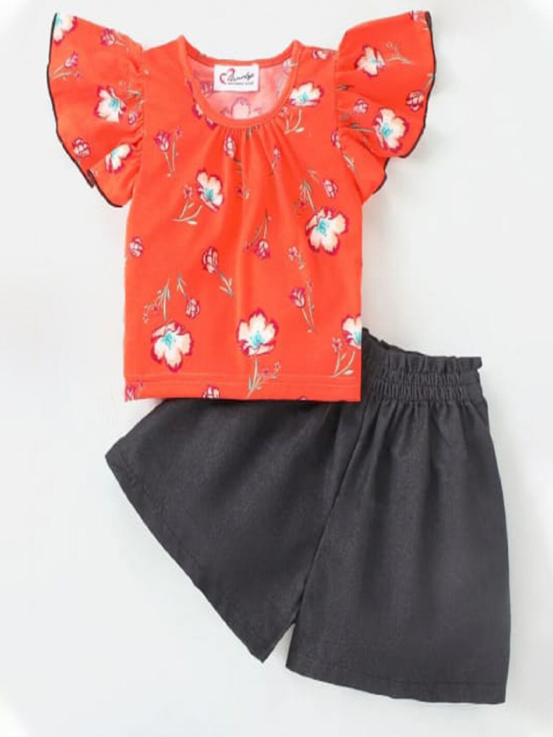 

M'andy Girls Printed Pure Cotton Top with Shorts, Orange